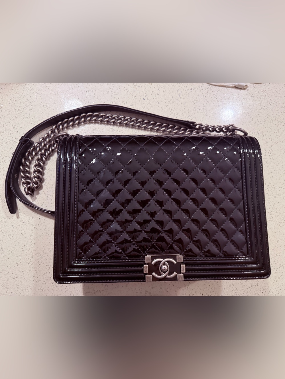 Chanel Black Quilted Patent Crossbody Bag with Chain Strap